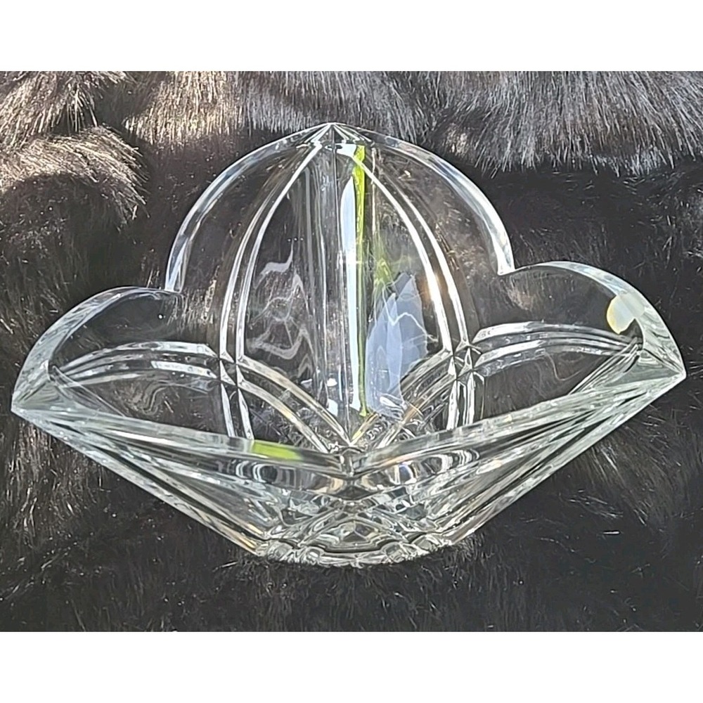 Bohemia Czech Crystal Bowl 24% Lead Hand Cut 9x5 Centerpiece 3 Arm Trident Stick